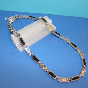 Napier Vintage Silver Tone Swirl & Black Enamel Link Necklace